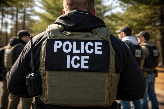 Close-up of a U.S. Border Patrol officer&rsquo;s tactical vest with POLICE patch. Olive green law enforcement gear with MOLLE webbing, photographed outdoors in natural light, symbolizing security and author