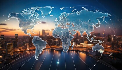 Global Connectivity - A Digital World Map Overlaying a Modern Cityscape.