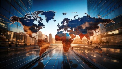 Global Connectivity - A Digital World Map Overlaying a Modern Cityscape.