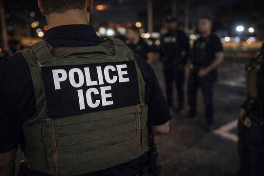 Close-up of a U.S. Border Patrol officer&rsquo;s tactical vest with POLICE patch. Olive green law enforcement gear with MOLLE webbing, photographed outdoors in natural light, symbolizing security and author