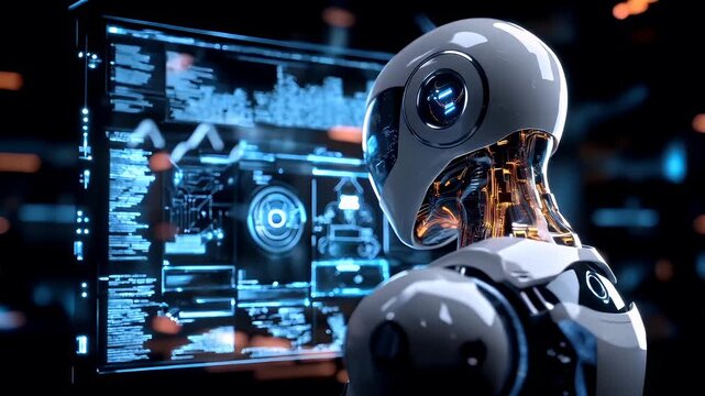 AI. Science technology. Hightech. Hologram. VR. AR. Background. A futuristic, hightech scene featuring a humanoid robot with a sleek, white and gold design. The robots head is adorned with a glossy.