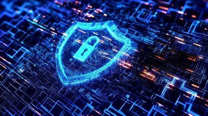 Firewall protection. Internet cyber security. Hightech. Technology. Encryption and decryption. A closeup of a digital circuit board with a glowing blue shield symbolizing security. - Powered by Adobe