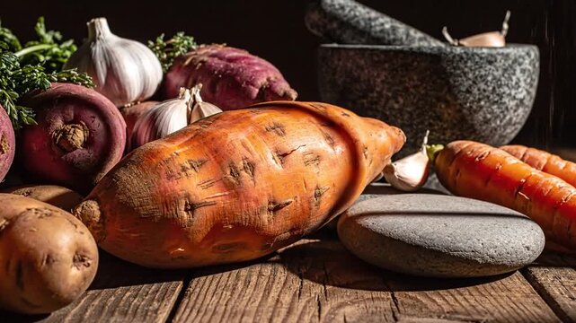 Rustic Still Life Featuring Root Vegetables and Stone Mortar on Wooden Surface