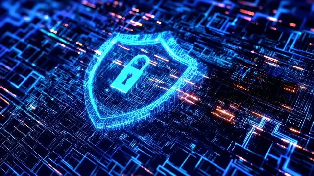 Firewall protection. Internet cyber security. Hightech. Technology. Encryption and decryption. A closeup of a digital circuit board with a glowing blue shield symbolizing security.