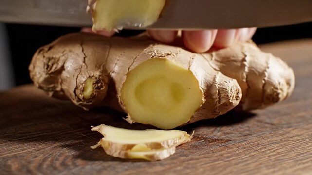 Slicing Fresh Ginger Root on Wooden Board Close Up Culinary Preparation Process