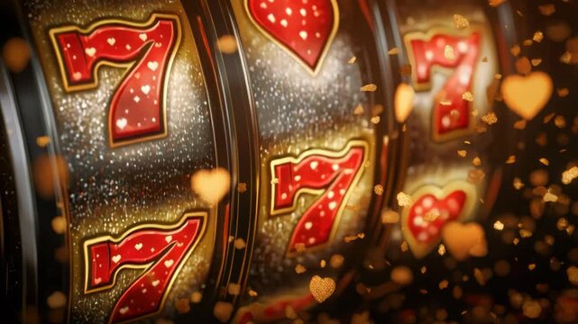 Gold-flecked slot machine reels spinning, showing lucky seven symbols with falling hearts and bokeh lights, representing a jackpot win