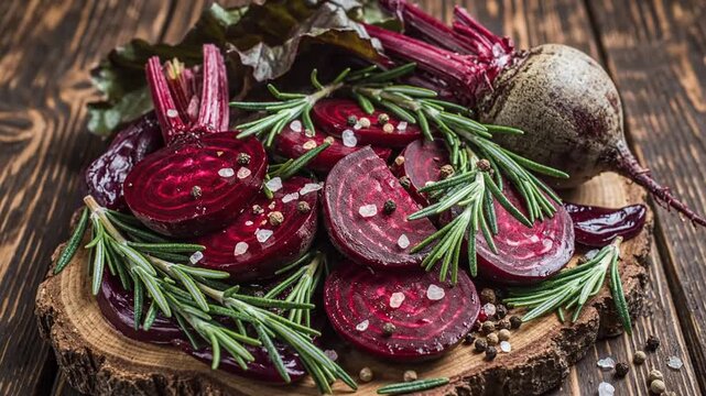 Rustic Still Life Of Fresh Beets On A Wood Slice With Rosemary And Spices Food Preparation