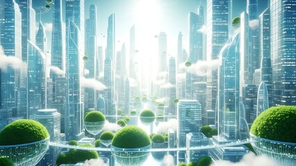 A bright, utopian futuristic city with towering skyscrapers integrated with lush green nature and floating gardens.