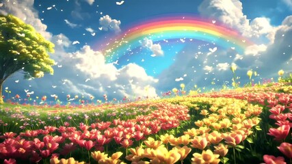 A vivid, colorful digital artwork of a lush meadow with a variety of flowers and a solitary tree. The sky is a clear blue with fluffy white clouds and a radiant rainbow arching across it. - Powered by Adobe