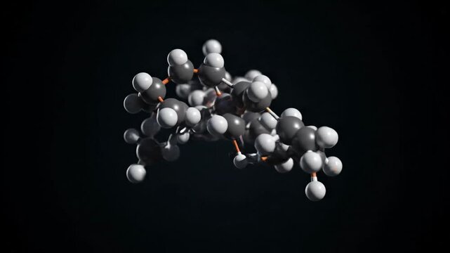 Detailed 3D molecular structure model with atoms and bonds on a dark background.
