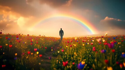 A vivid portrayal of a field of flowers bathed in the golden light of a setting or rising sun. The main subject is a solitary figure, possibly a woman, standing amidst the blooming flowers.