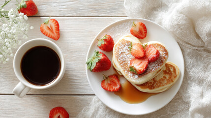Valentine's day breakfast with heart shaped pancakes topped with fresh strawberries and coffee on white wooden table, romantic morning meal