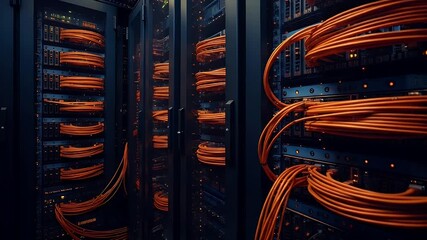 Organized server room with neatly managed orange cables and racks