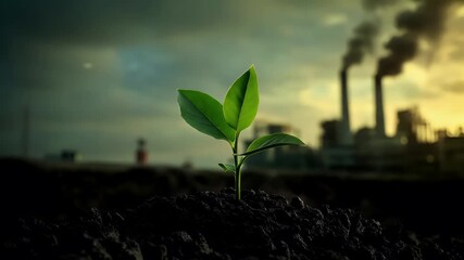 A closeup of a young plant sprouting from a mound of soil with a backdrop of a city skyline during sunset. The sky is painted with hues of orange, yellow, and blue.