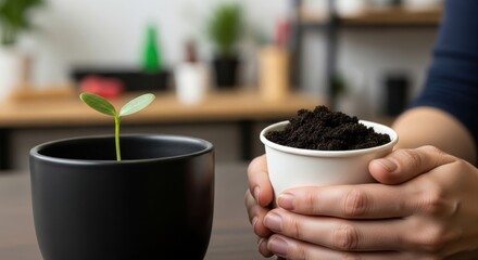 Person's hands holding a cup of soil near a young seedling planted in a black pot, symbolizing home gardening and new life.