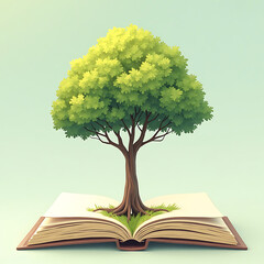A vibrant green tree with lush leaves erupts from the pages of an open book, symbolizing knowledge and growth
