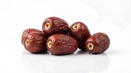 Obraz premium A still life composition showcasing a small cluster of fresh dark red jujube fruits against a clean reflective white surface