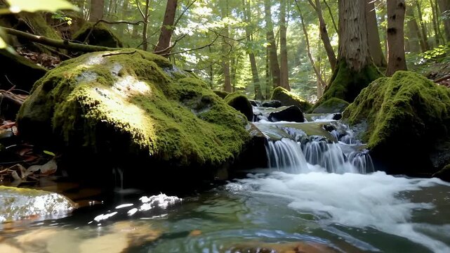 Tranquil forest stream with moss covered rocks and small waterfalls.