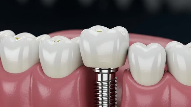 Close-up of dental implant with shiny white teeth and metal screw in pink gum, representing advanced dental technology and oral health care