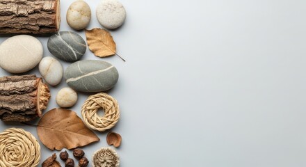 Neutral spa background with river stones, driftwood, and dried leaves flat lay.