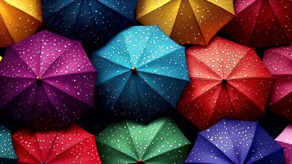 A vibrant array of colorful umbrellas with water droplets on them, creating a visually striking pattern.