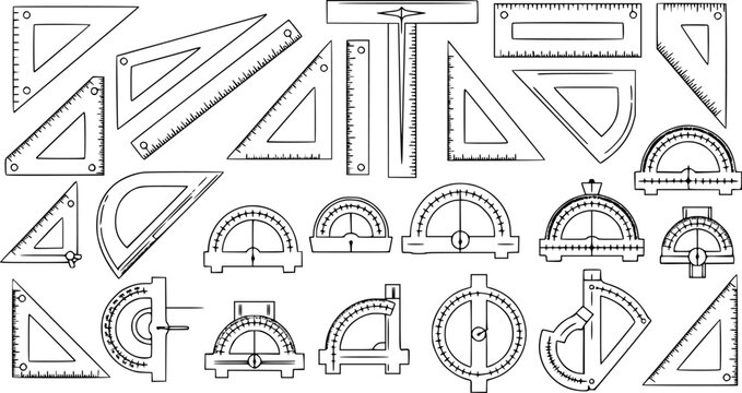 Education and Engineering Drafting Tools Vector Line Art Set. Geometry Instruments, Rulers, Protractors, Set Squares Outline Sketch Collection.