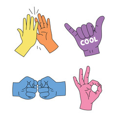 Set of four colorful hand gestures high five, shaka sign, fist bump, and ok sign