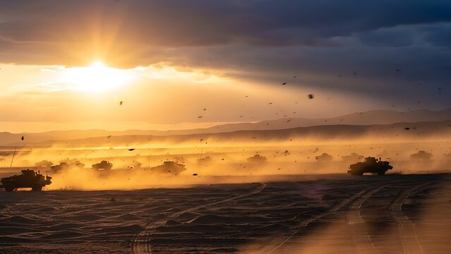 A convoy of military vehicles drives across a dusty desert landscape, silhouetted against a dramatic golden sunset.