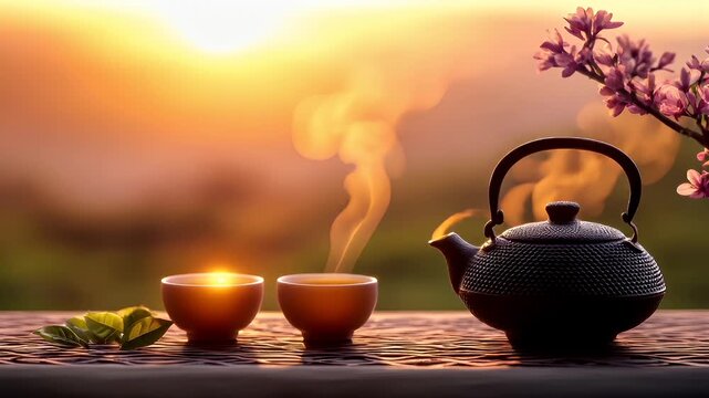 Tea industry. Tea leaves. Plantation. Culture. A closeup of a teapot with a flame coming out of it, set against a backdrop of a sunset or sunrise. The scene is illuminated by the warm.