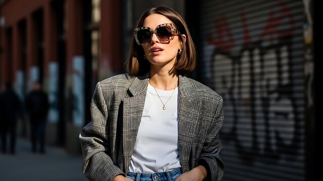 Confident young woman wearing stylish sunglasses and plaid blazer in urban setting