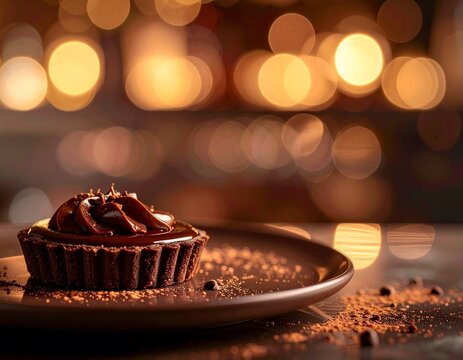 따뜻한 보케 조명 속 진한 초콜릿 가나슈 타르트 디저트 Chocolate tart dessert with rich ganache and warm bokeh lights