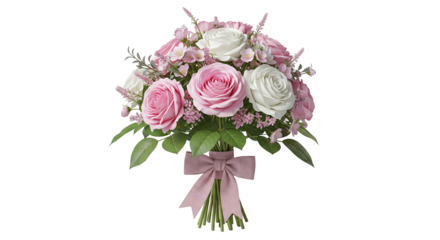 Elegant Pink and White Rose Bouquet with Ribbon, Isolated on Transparent Background