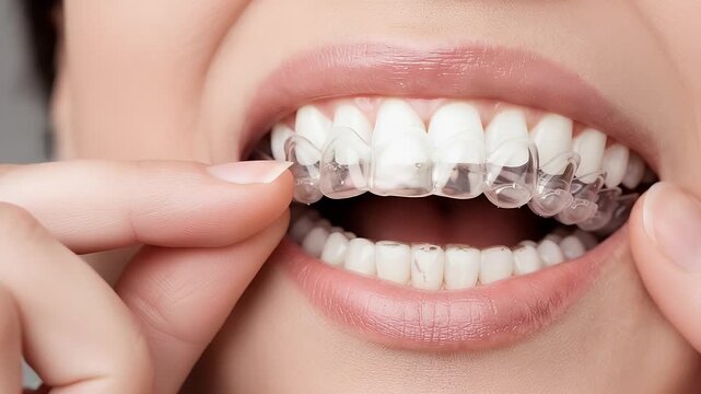 A woman's mouth with clear aligners being placed on her teeth for orthodontic treatment, highlighting dental care and orthodontics.