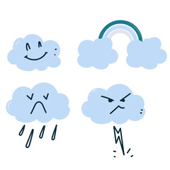 Obraz premium cute cartoon cloud weather like rainbow rain and thunder in hand drawn style
