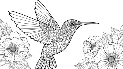 Detailed hummingbird line art vector illustration with flowers for coloring book page isolated on white background for nature zentangle design © Itz  Parvin