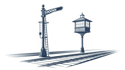 Vintage Illustration of an Old Railroad Signal and Elevated Signal Box Over Tracks