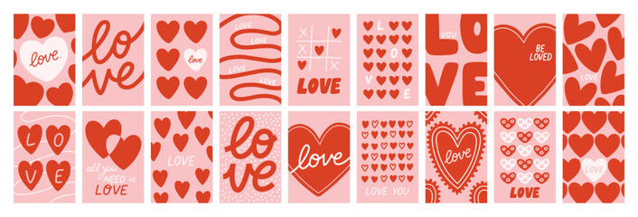 Vector big set of romantic cards with decorative hearts and handwritten love quotes. Cute Valentine designs in soft pink and red, perfect for greeting cards, prints, and gifts.