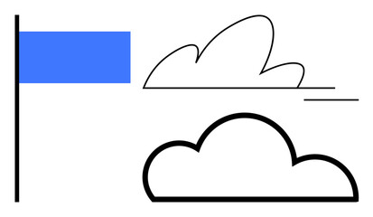 Fototapeta premium Weather forecast, cloud computing, abstract art, minimalist design, iconography, digital . Blue flag next to black outlined clouds. Weather forecast and cloud computing concepts
