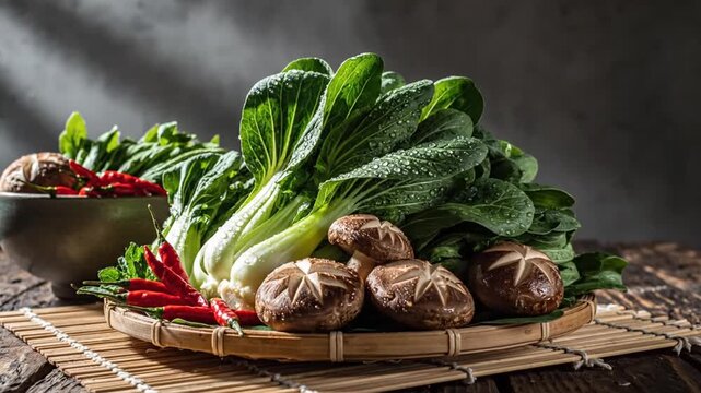 Still Life Display Of Fresh Bok Choy Mushrooms And Chilies Arranged On Woven Table Mat