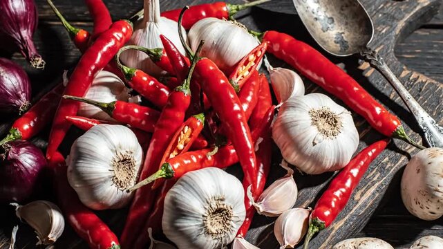 Still Life Arrangement Of Spicy Food Ingredients On Rustic Wood Surface Presentation