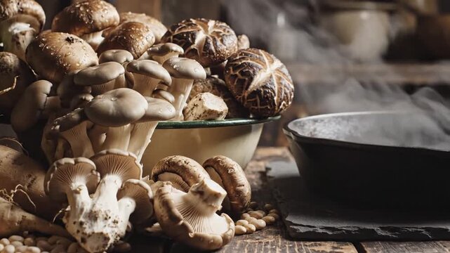 Rustic Still Life With Wild Mushrooms Steaming Pot And Root Vegetables On Wooden Table