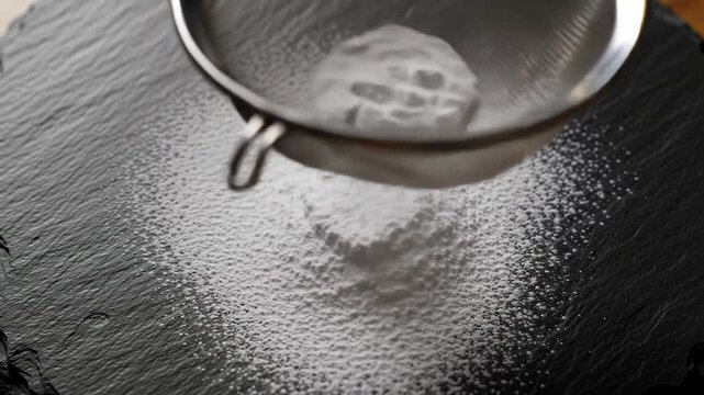 Powdered sugar being sifted onto a dark slate surface, creating a delicate pattern.