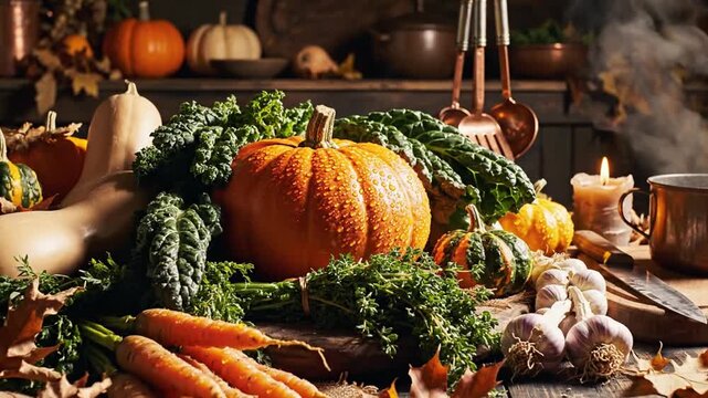 Rustic Thanksgiving Harvest Display With Autumn Vegetables And Warm Kitchen Setting