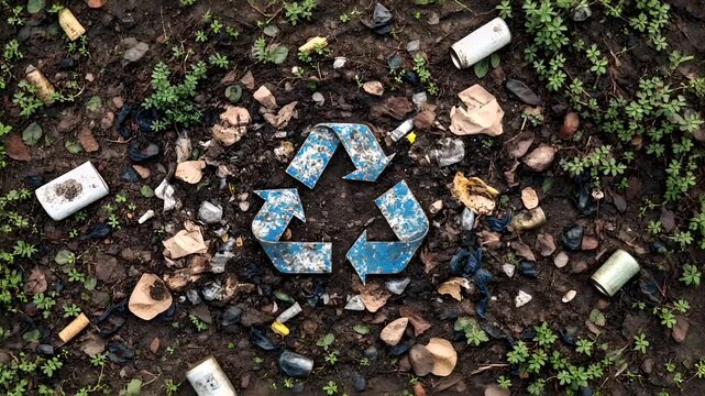 Recycling. Environment conservation. Waste management. Aerial view of a forest floor littered with waste, including plastic bottles, leaves, and discarded items.