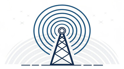 Minimalist Blue Line Art Illustration of a Transmission Tower Broadcasting Circular Radio Signal Waves