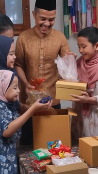 The Unpacking of Oleh-Oleh. Islamic Culture &ndash; Idul Fitri. A candid, joyful shot of a family crowded around a table unloading boxes and bags of Oleh-Oleh brought back from Mudik travel.
