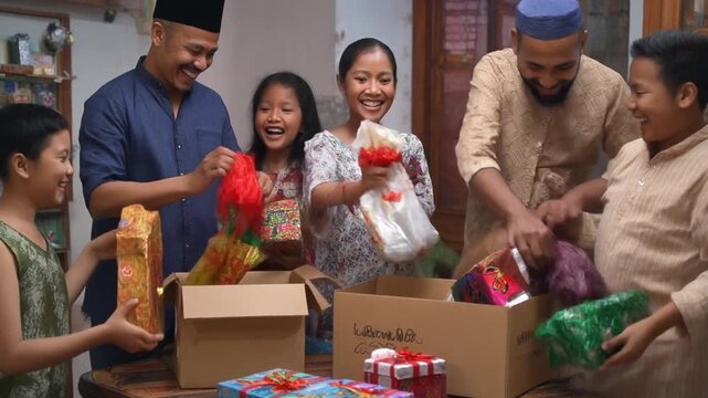 The Unpacking of Oleh-Oleh. Islamic Culture &ndash; Idul Fitri. A candid, joyful shot of a family crowded around a table unloading boxes and bags of Oleh-Oleh brought back from Mudik travel.
