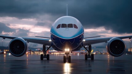 Airplane on a runway. Commercial passenger airliner. Travel and transportation industry concept