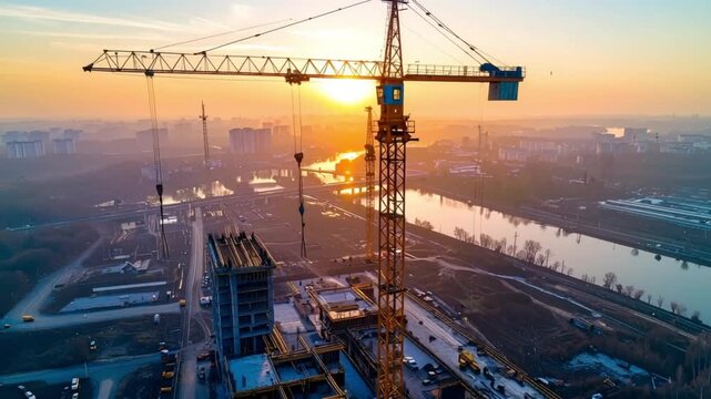 Urban construction site with cranes at sunrise building new city infrastructure