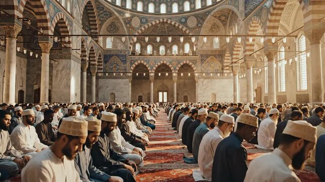 A wide-angle shot captures devoted muslim men performing prayer inside the beautiful mosque, momentarily escaping the prison of worldly concerns during ramadan.